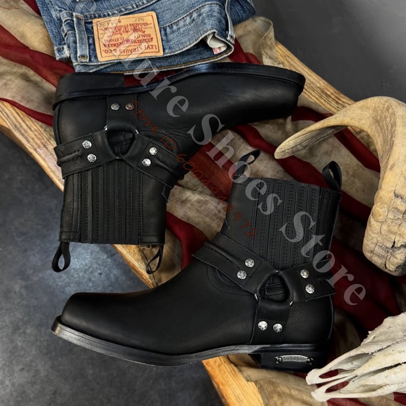 Leather Classic Strap - Męskie botki w stylu retro, motocyklowym